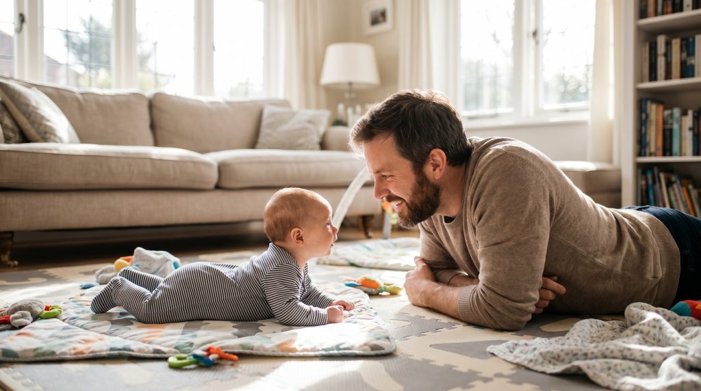 A father doing tummy time 202605061601 2 - Is it normal if my 1-month-old doesn't smile yet? Honest answers for the parents who are already Googling at midnight.