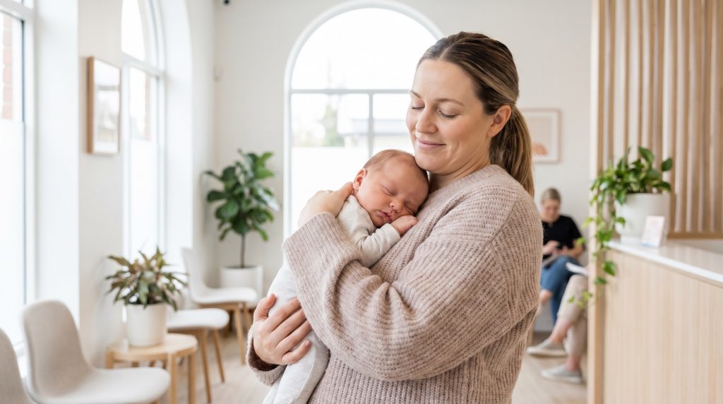 A mother sitting in a 202605061601 2 - Is it normal if my 1-month-old doesn't smile yet? Honest answers for the parents who are already Googling at midnight.