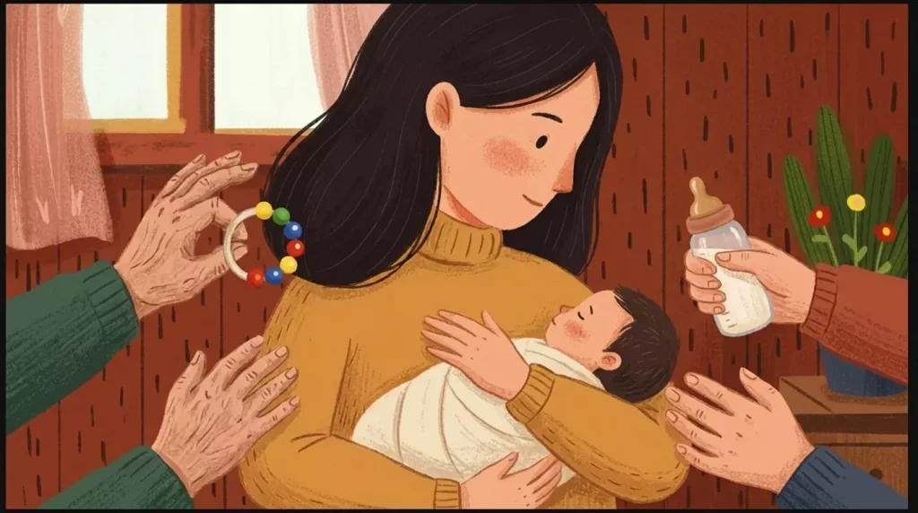Mother holding baby with grandpa… 202606300831 - I remember lying awake in the dark, scrolling through my phone, searching for answers on how to tell in-laws not to overstep with new baby, hoping to find a magical script that would fix everything without hurting anyone's feelings.