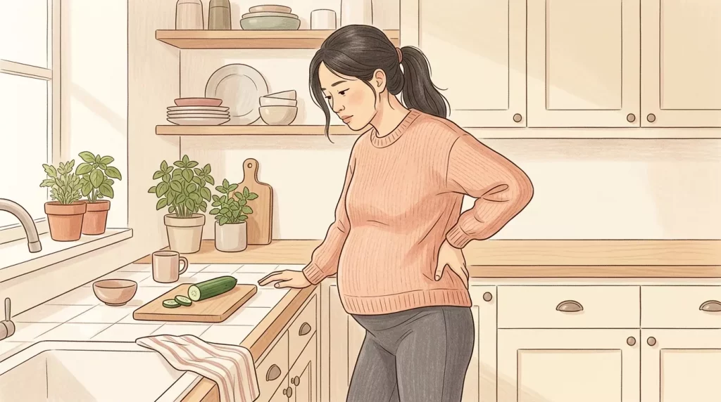 Pregnant woman at kitchen counter 202606121041 - Nobody tells you that the third trimester is less about preparing for the baby and more about surviving your own body.