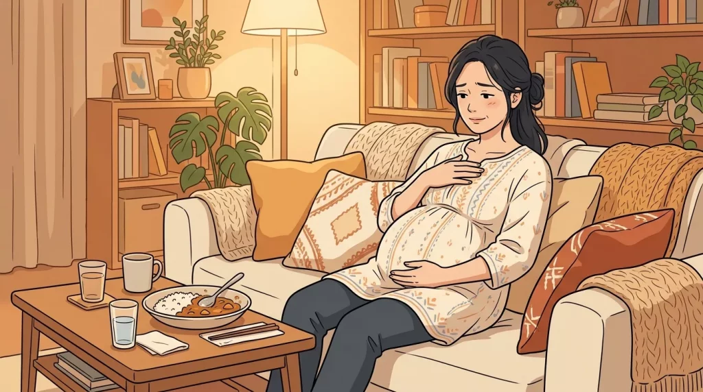 Pregnant woman sitting on sofa 202606121041 - Nobody tells you that the third trimester is less about preparing for the baby and more about surviving your own body.