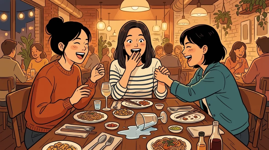 Three women at restaurant table 202606091022 - We found out on a Tuesday morning.