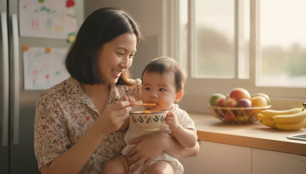 A joyful Singaporean mother holding her baby who is happily eating a small bowl of mashed local fruit like papaya The ba