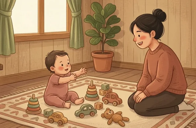 Baby reaching for wooden toys
