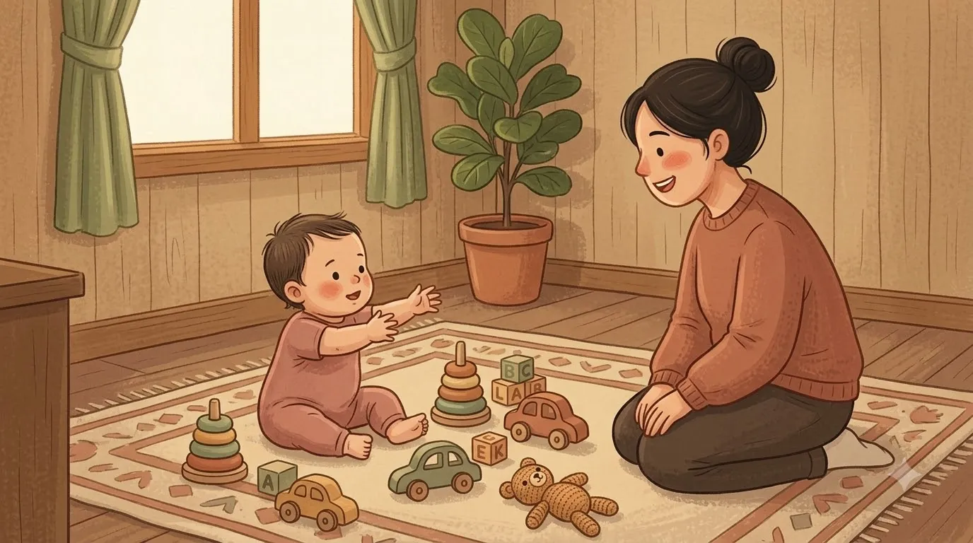 Baby reaching for wooden toys
